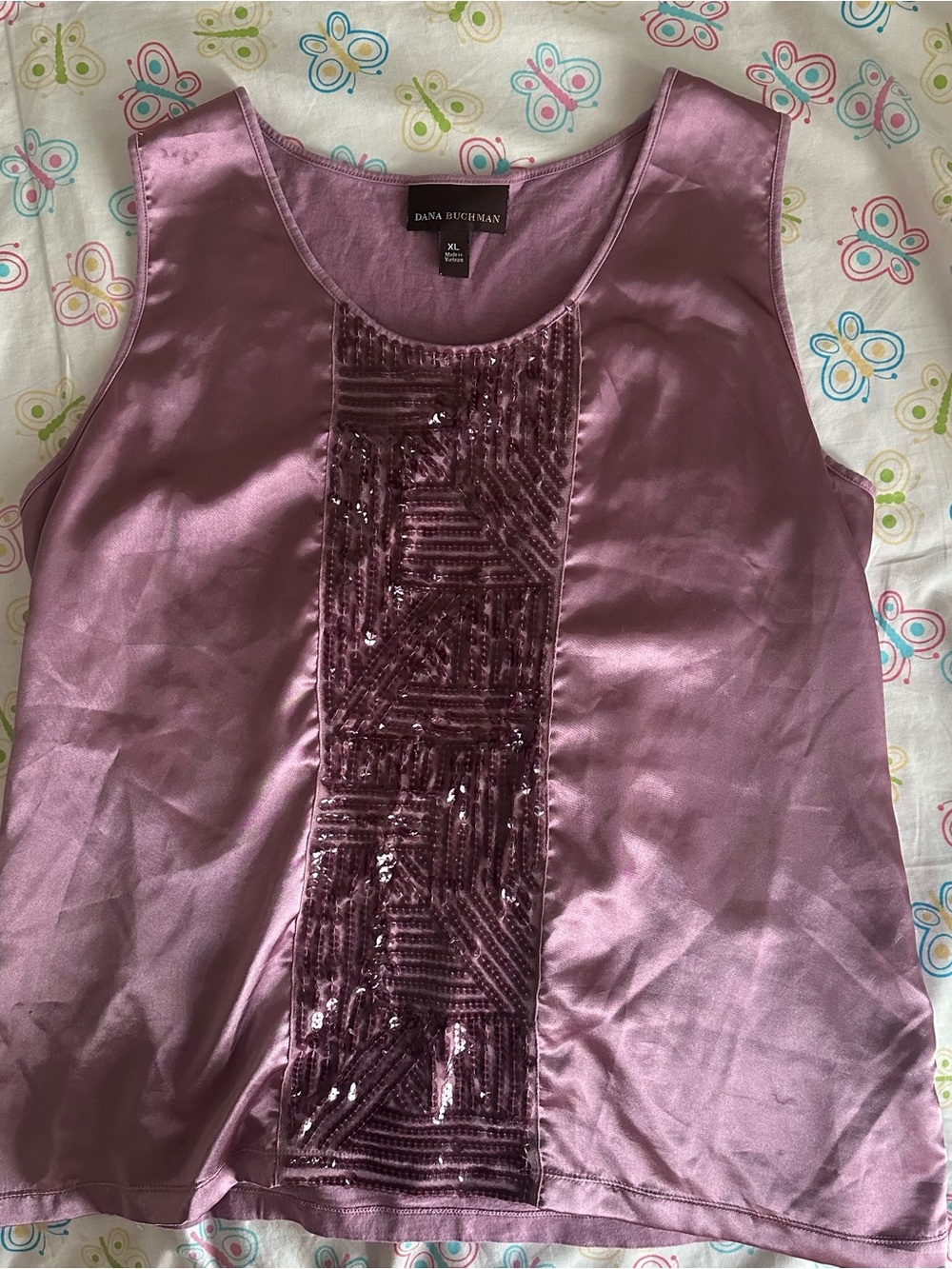 Dana Buchman Y2K Purple Sequin Detail Satin-Feel Top - Picture 4 of 8